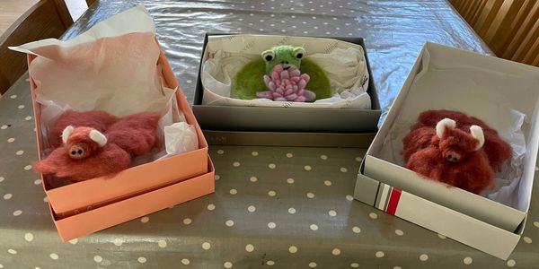 Three felt animal figures in gift boxes on a table.