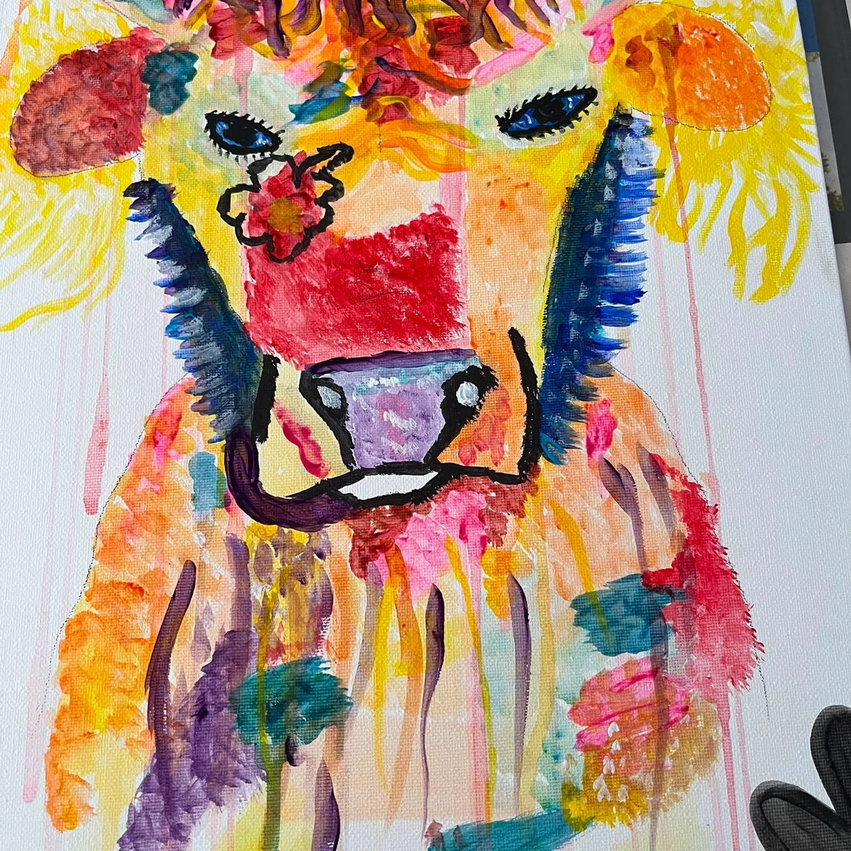 Colorful abstract painting of a cow's face.