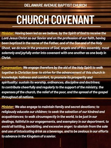 Church Covenant outlining spiritual commitments and conduct for ministers and congregation.