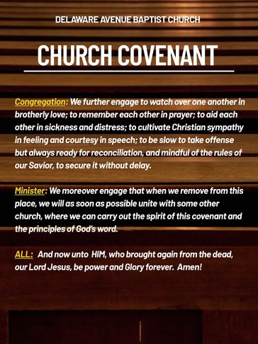 Church Covenant outlining commitments of congregation, minister, and all members at Delaware Avenue Baptist Church.