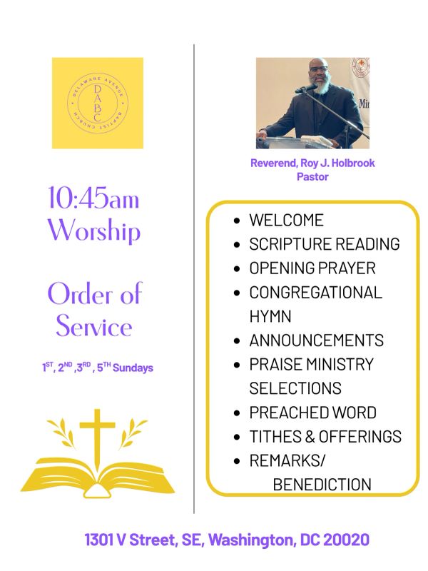 Worship order of service at Delaware Avenue Baptist Church with Reverend Roy J. Holbrook.