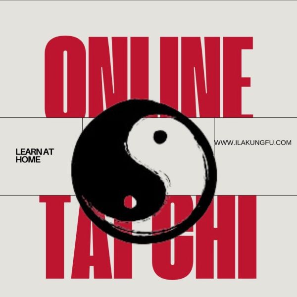 Yin Yang symbol over text promoting online Tai Chi classes.