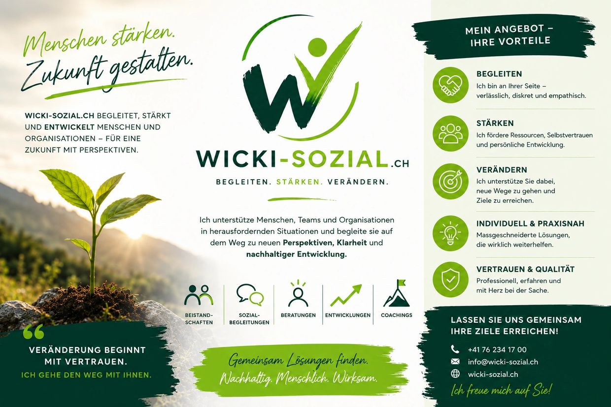 Flyer von Wicki-Sozial.ch mit Angeboten zur Unterstützung und Entwicklung von Menschen und Organisationen.