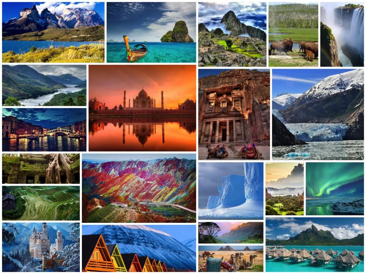 A vibrant collage of stunning landscapes and iconic landmarks worldwide.