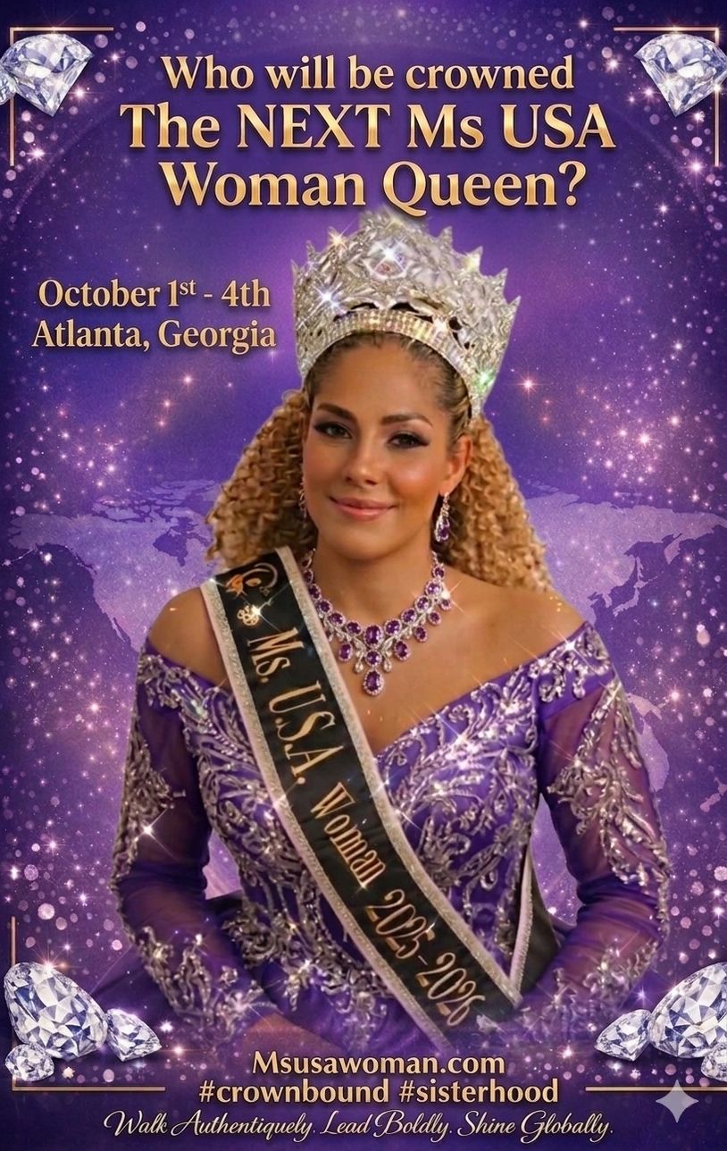 A crowned woman in a purple gown promotes Ms USA Woman 2025-2026 pageant in Atlanta.