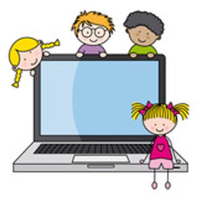 Four children smiling around an open laptop