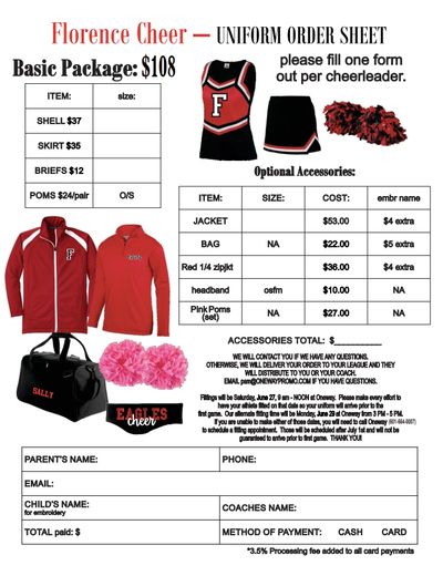 Florence Cheer uniform order form with pricing and accessory options.