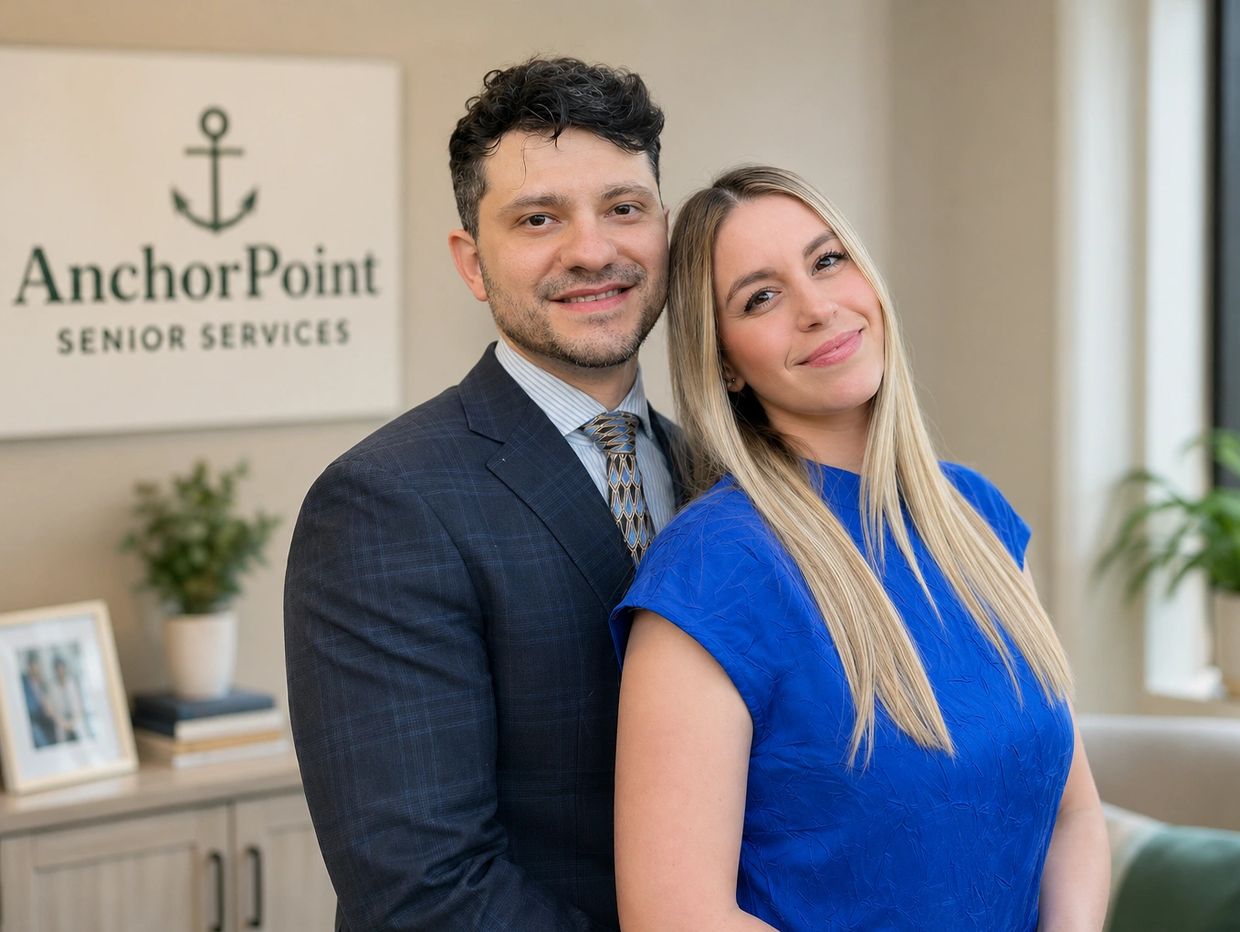 Two smiling professionals posing in an office with an AnchorPoint Senior Services sign.