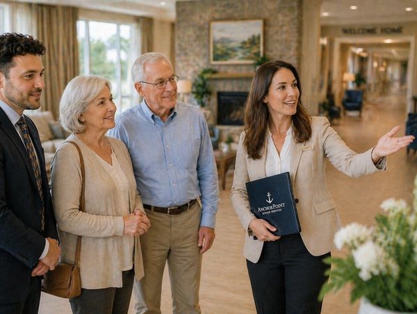A woman shows a senior couple and a man around a senior living facility.