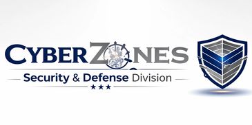 Logo of CyberZones Security &amp; Defense Division with a shield emblem.
