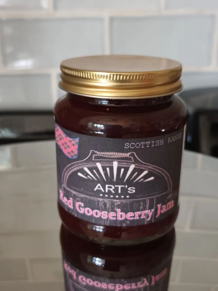 Jar of Art's Red Gooseberry Jam.