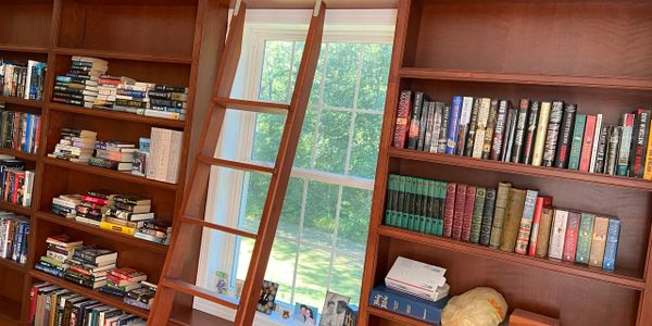Wooden bookshelves with a rolling ladder and a window in the middle.