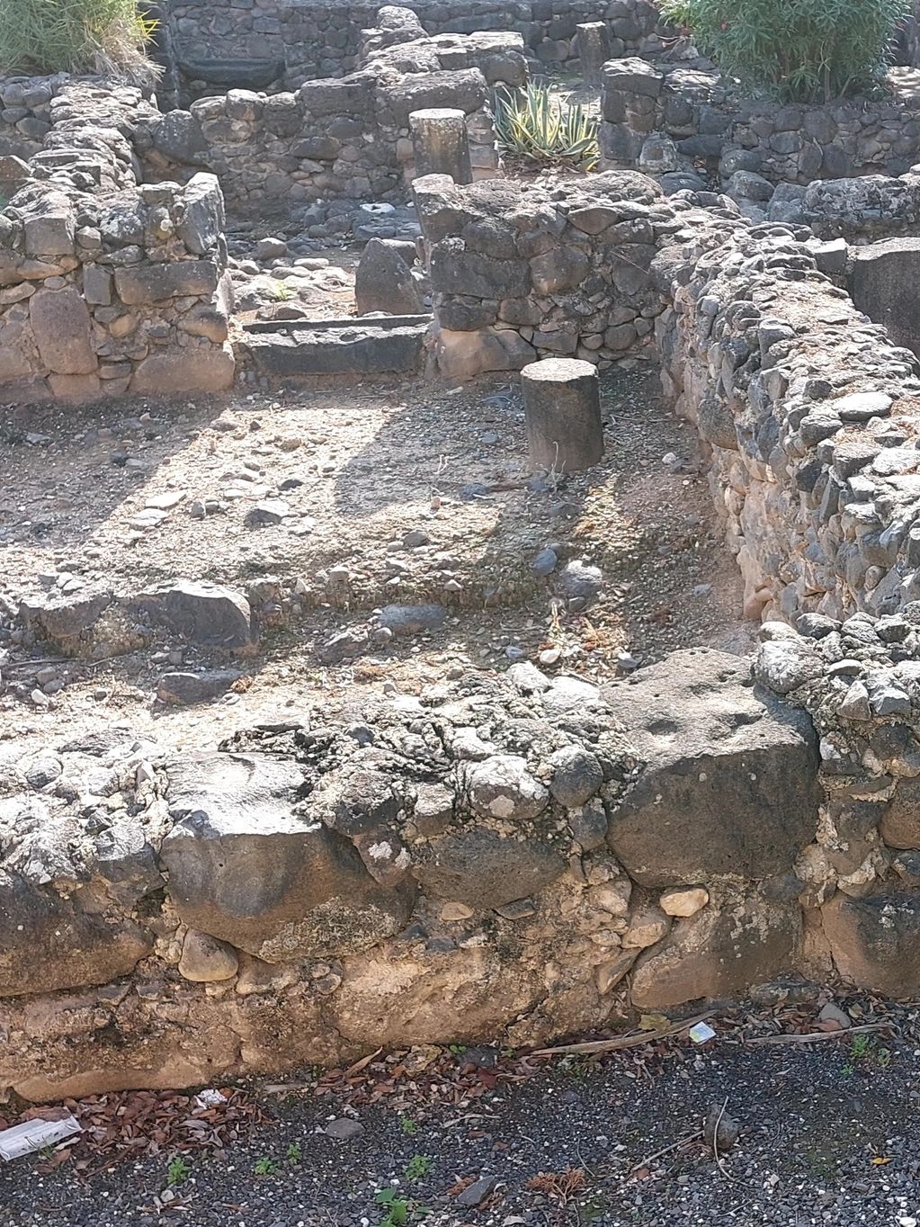 Ancient stone ruins with low walls and scattered stones under sunlight.