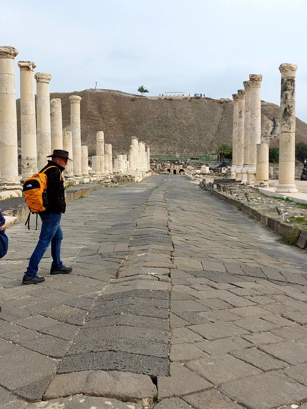 Tourists walk among ancient stone columns at a historical site with a hill in the background.