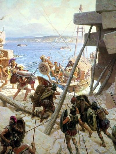 Ancient warriors storming a fortified coastal city with ships in the background.