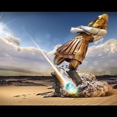A giant statue in ancient armor being hit by a powerful energy blast in a desert.