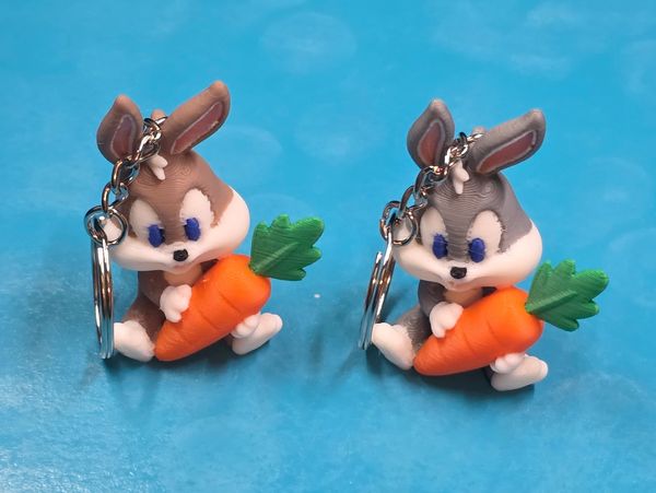 Two rabbit keychains in the blue background