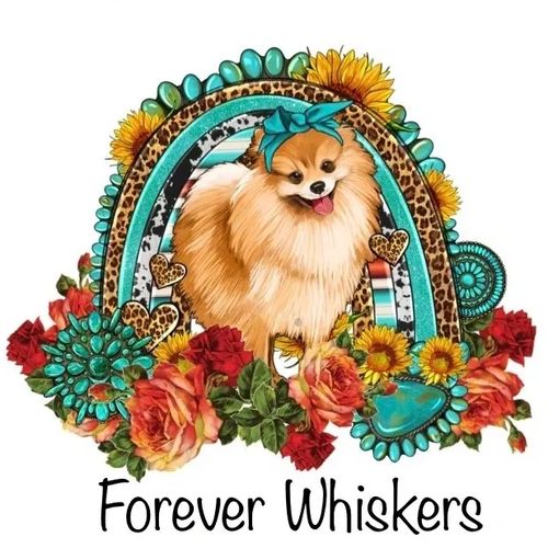 Forever whisker logo with dog wearing a teal bandana under by an arch of flowers and turquoise 