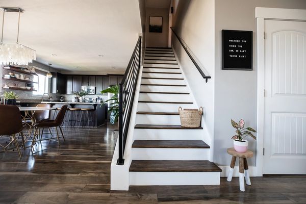 DIY Wood Stairs With Modern Black Metal Rail