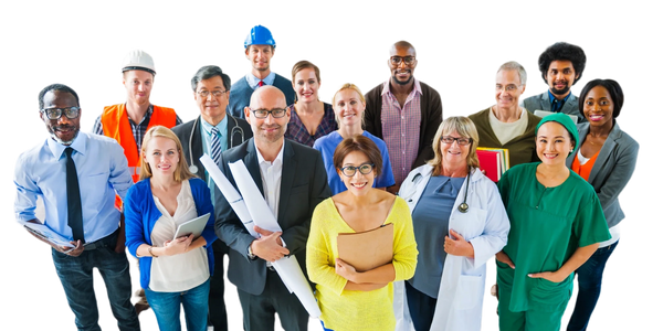 Group of different professionals standing and smiling.