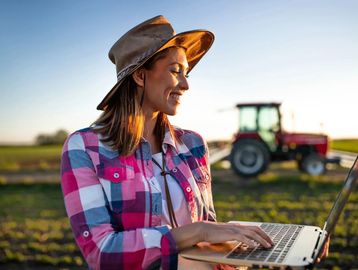 productora alegre sostiene una laptop y al fondo un tractor operando