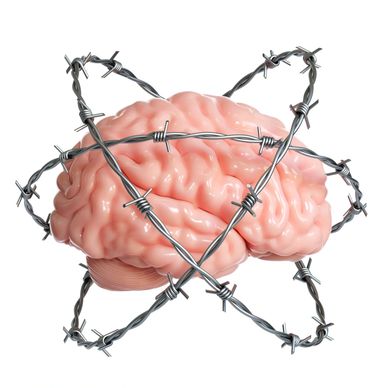 Brain wrapped with barbed wire symbolizing mental pain.