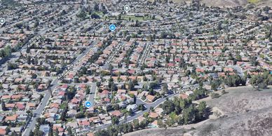 Aerial view of a suburban neighborhood with street names labeled.