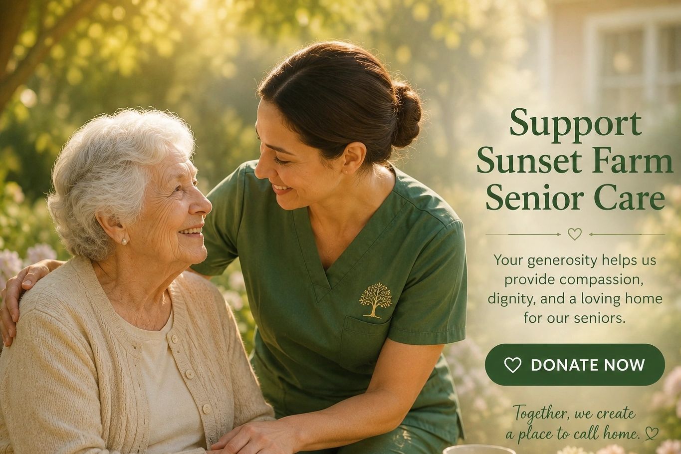 Caregiver and elderly woman sharing a joyful moment outdoors.