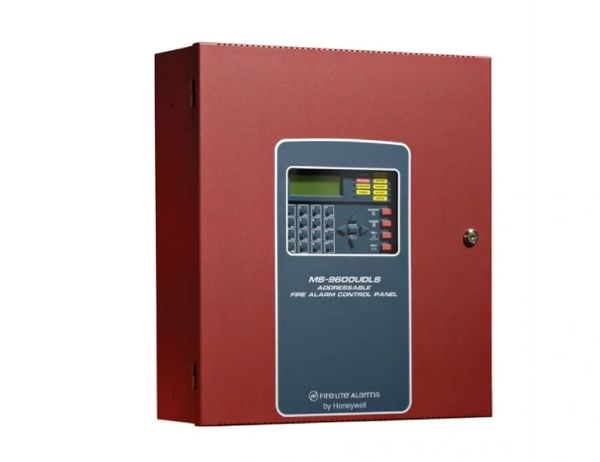 This image shows a red Firelite Alarms control panel, model MS-9600UDLS