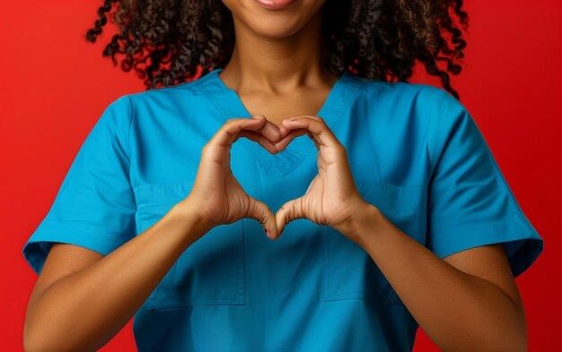 Healthcare worker in blue scrubs making a heart with hands.
