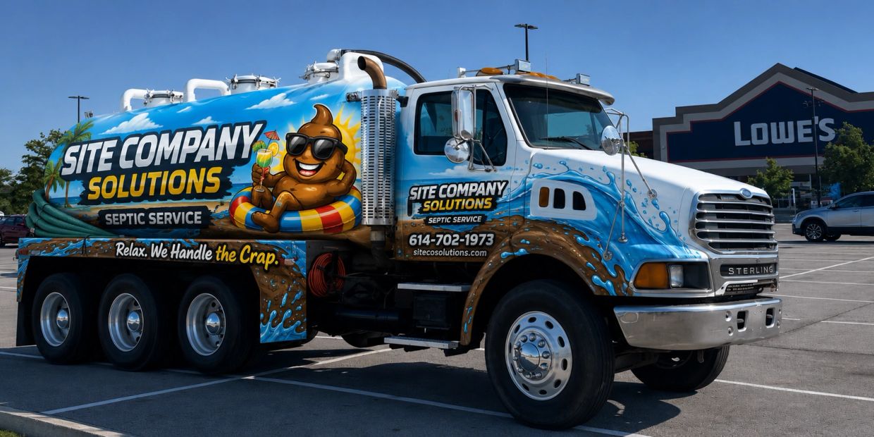 septic pump truck parked awaiting a call to service a pump out the same day in ross county, pickaway