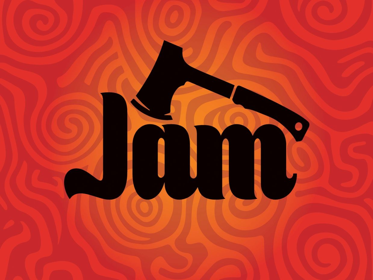 Stylized word 'Jam' with an axe on a red-orange swirly background.