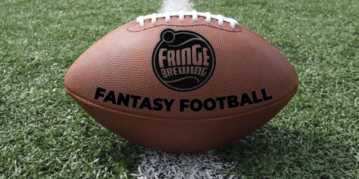 A football with "Fringe Brewing Fantasy Football" logo on a field.