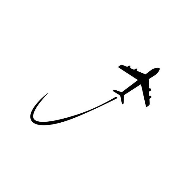 Silhouette of an airplane with a curved trail behind it on a white background.