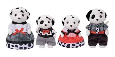Four Dalmatian plush toys dressed in cute clothing.