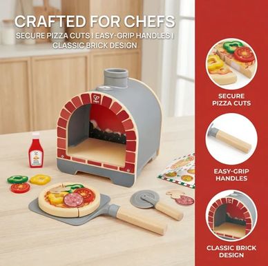 Toy pizza oven set with pizza, cutter, and easy-grip handles for kids.