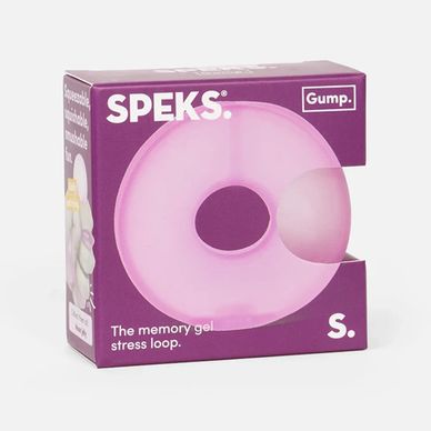 Purple SPEKS memory gel stress loop in packaging with a bite mark.