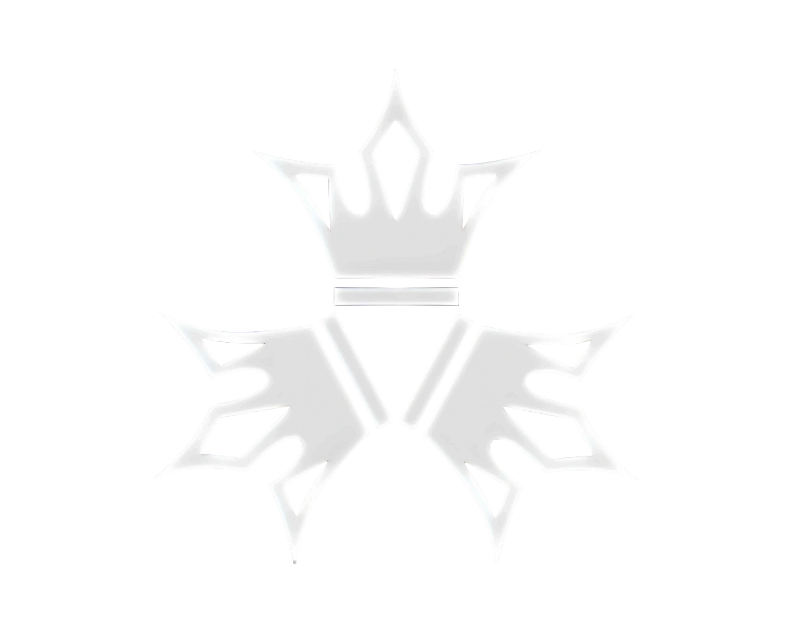 White crown and stylized wings logo on black background.