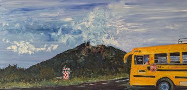 Ometepe Airport with Bus and Concepcion Volcano backdrop (Nicaragua)