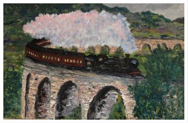 Train steaming over bridge - Hogwarts Express Original Oil Painting