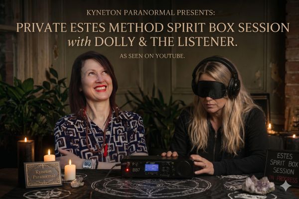 Two women conduct a private Estes Method Spirit Box session with candles and paranormal equipment.