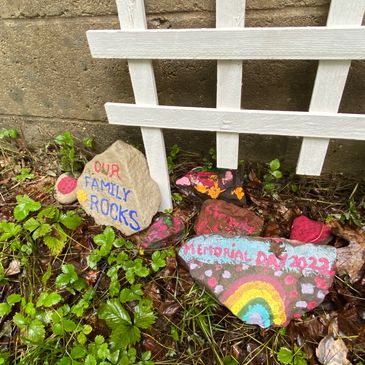 Painted rocks with small fence.