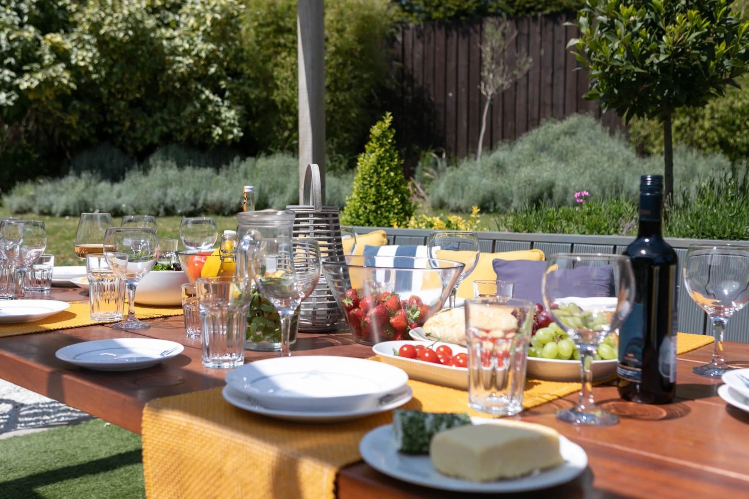 Garden table set with food