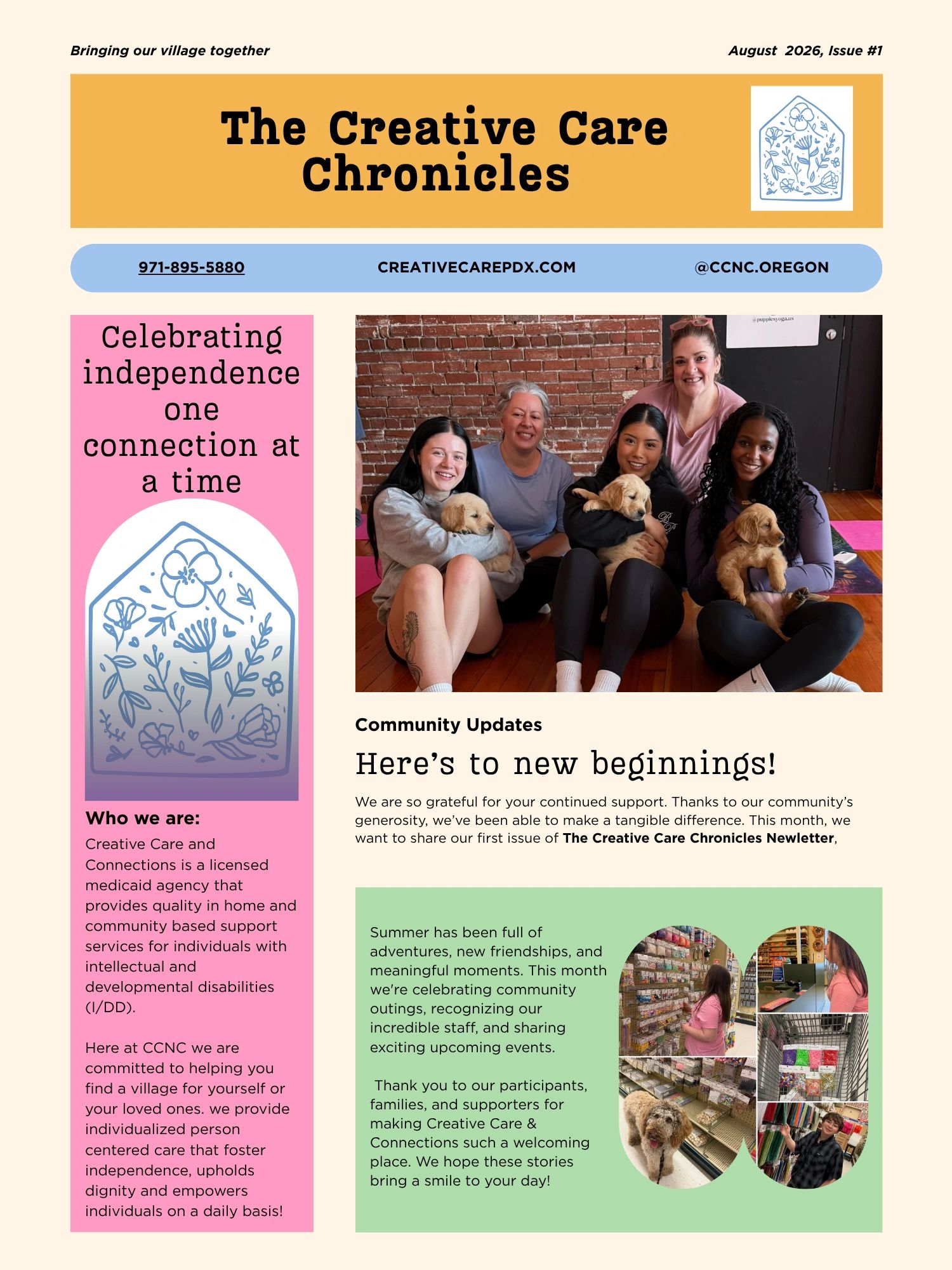 Community newsletter celebrating connections, support, and new beginnings with puppies.
