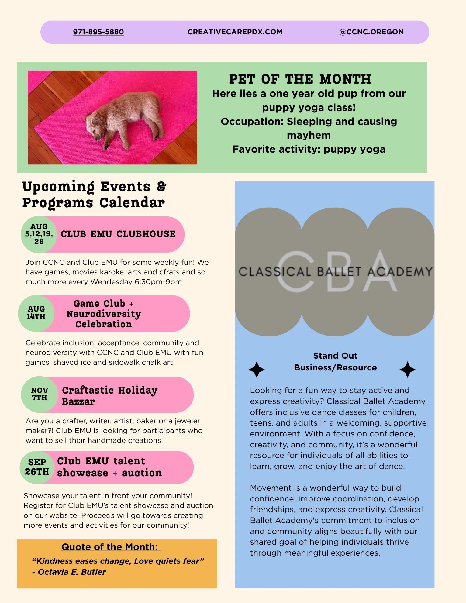 Newsletter featuring pet of the month, events calendar, and ballet class info.