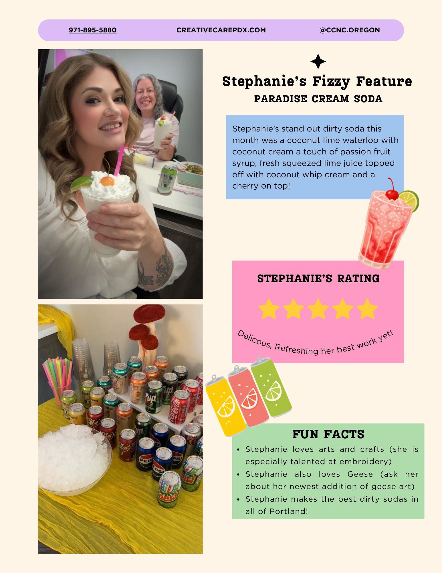 Stephanie enjoying a Paradise Cream Soda and a soda display.