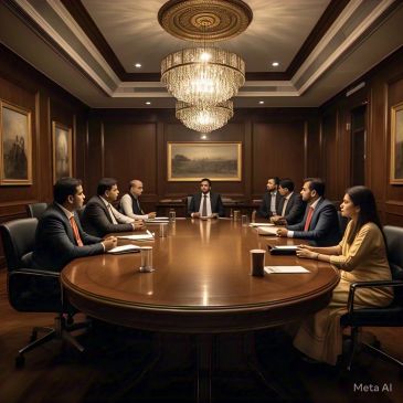 Business meeting around a large oval table in a formal wood-paneled room.