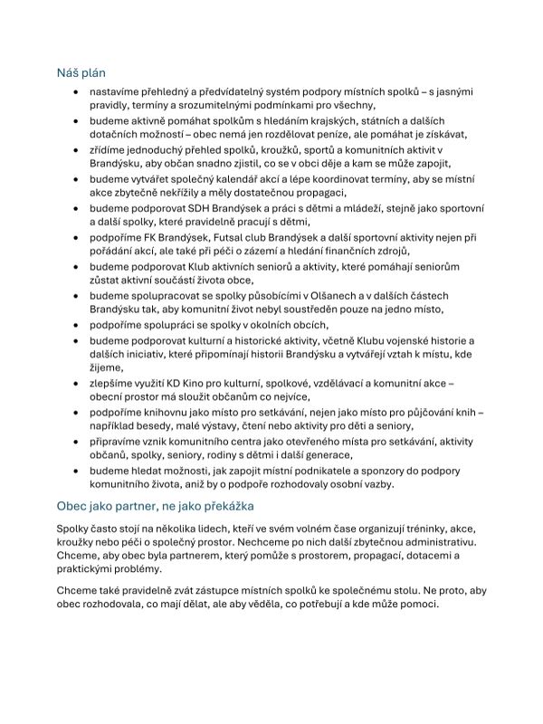 Community support plan for local associations in Brandýs.