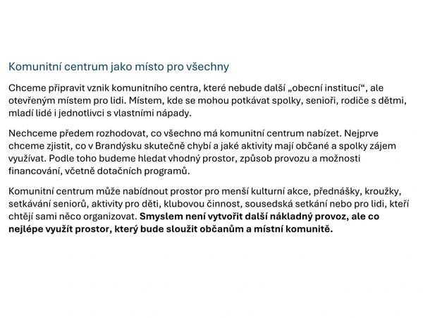 Informative text about creating a community center in Brandýs.
