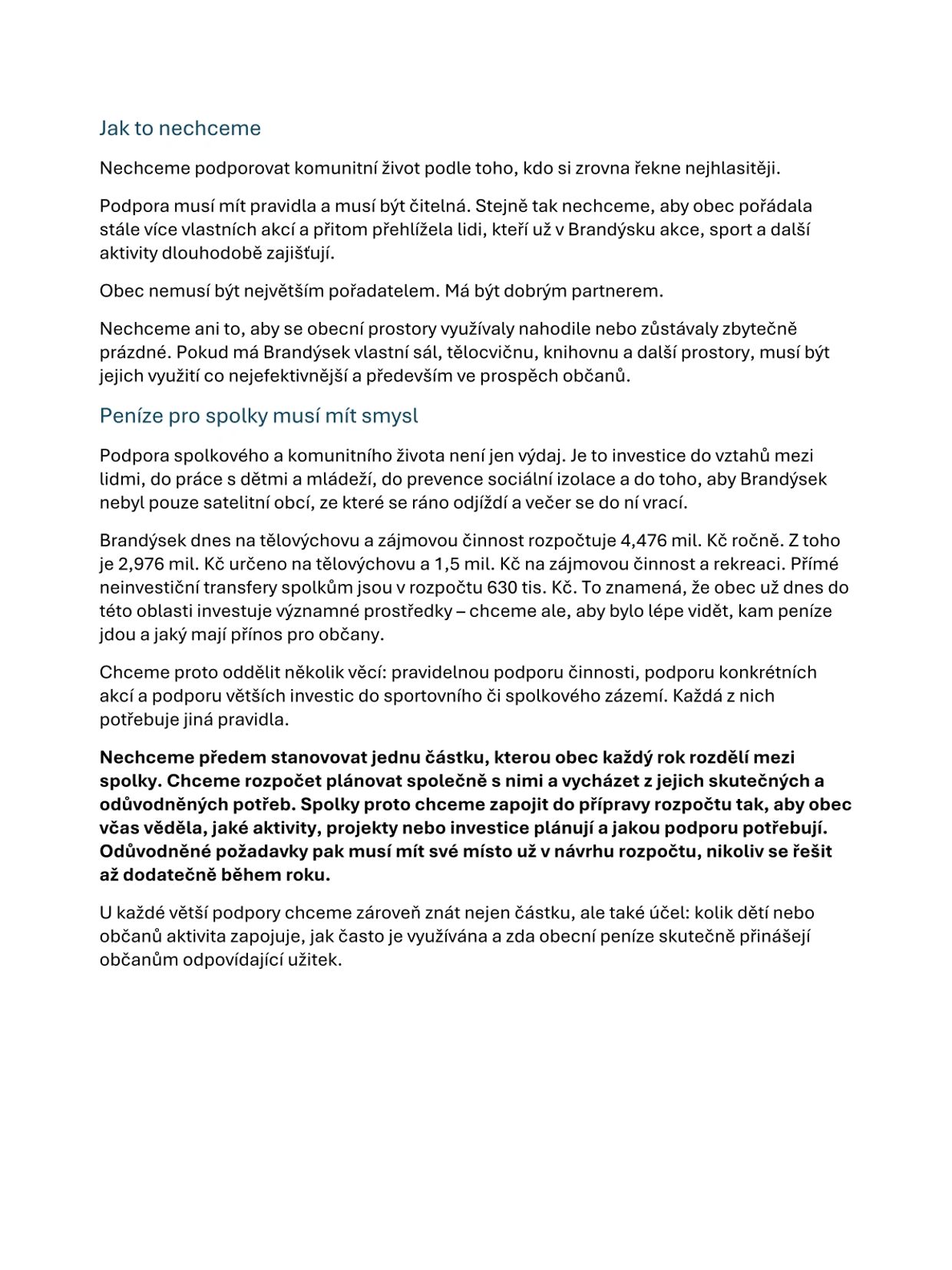 Text about community support and financial planning for activities in Brandýsek.